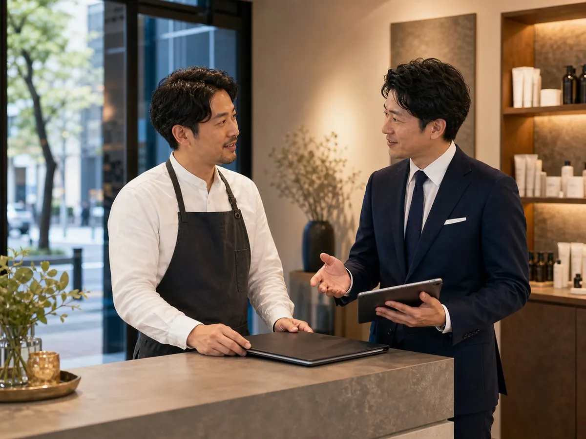 店舗サービス事業の譲渡について相談する経営者とアドバイザー