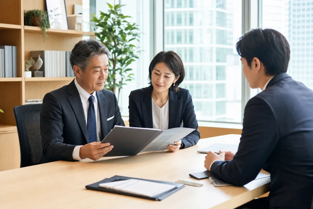 丸の内の専門事務所で承継計画を確認する現代表と後継候補者