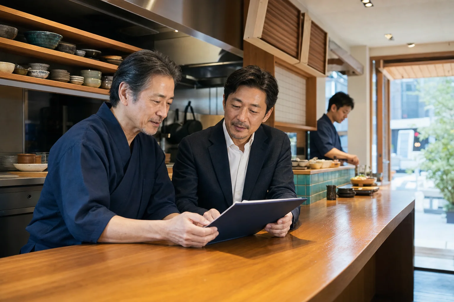 新橋の飲食店で事業承継資料を確認する現経営者と承継候補者