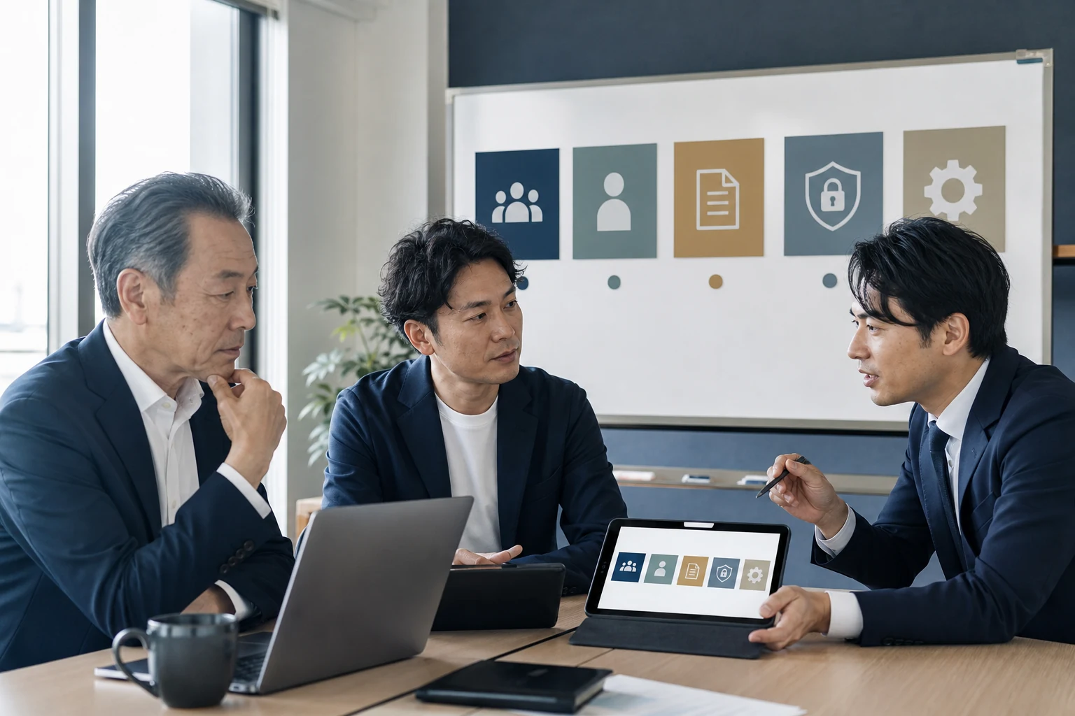 人材・顧客・契約・IT・日常業務の引き継ぎ項目を整理する関係者のイメージ
