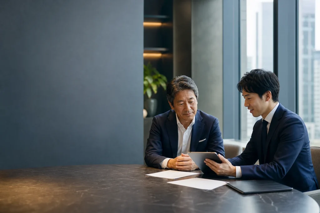 日比谷周辺を想定した会議室で会社売却・事業承継の資料を確認する架空の経営者とM&Aアドバイザー